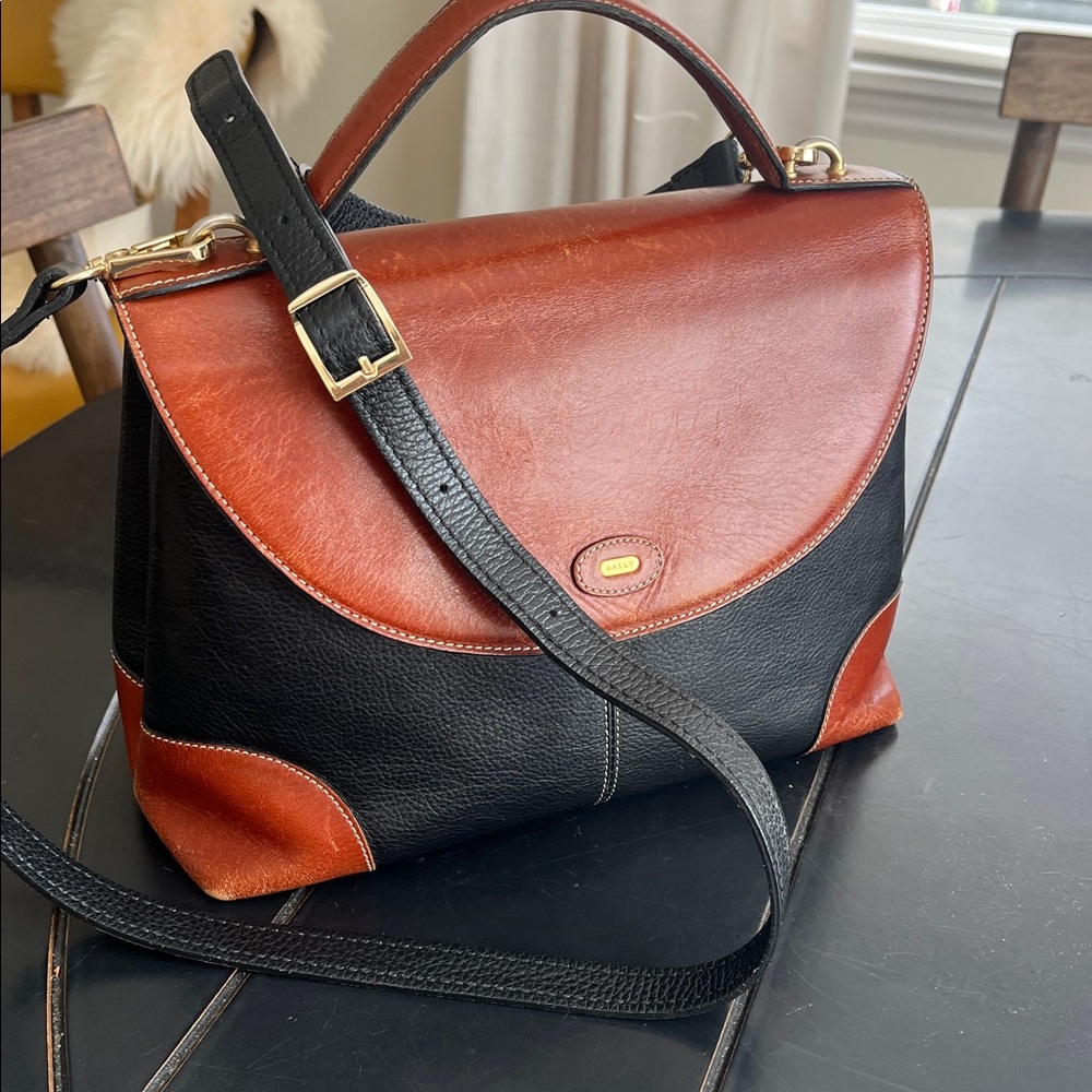 Bally Black and Cognac Leather Top Handle Bag